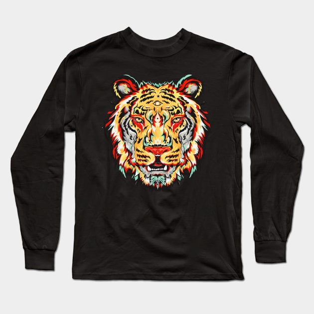 Wild Beauty: A Striking Yellow, Green and Red Tiger Design Long Sleeve T-Shirt by yoaz